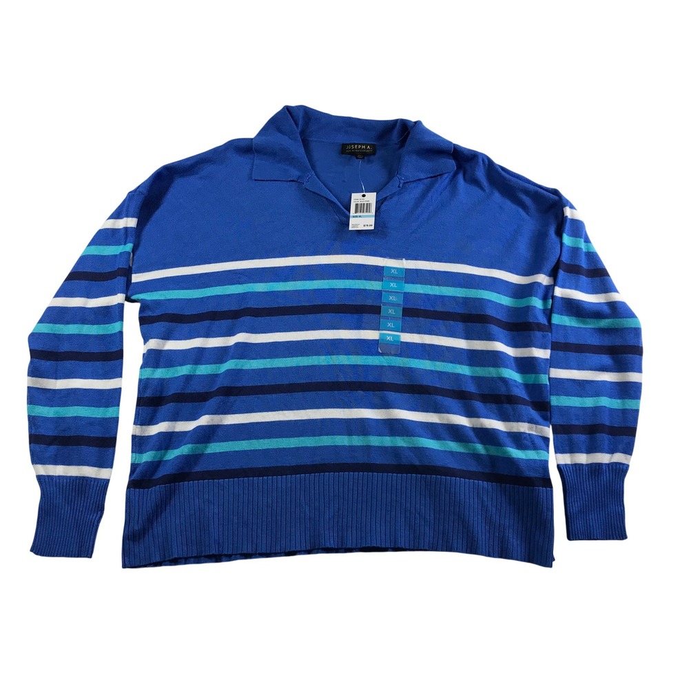 Joseph A. Womens XL Blue Striped Polo Collar Knit Sweater Long Sleeve 291164